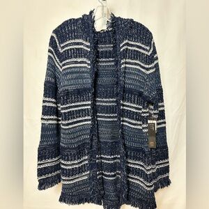 NWT FYLO London Women’s Size Large Blue White Fringe Long Hooded Stripe Sweater